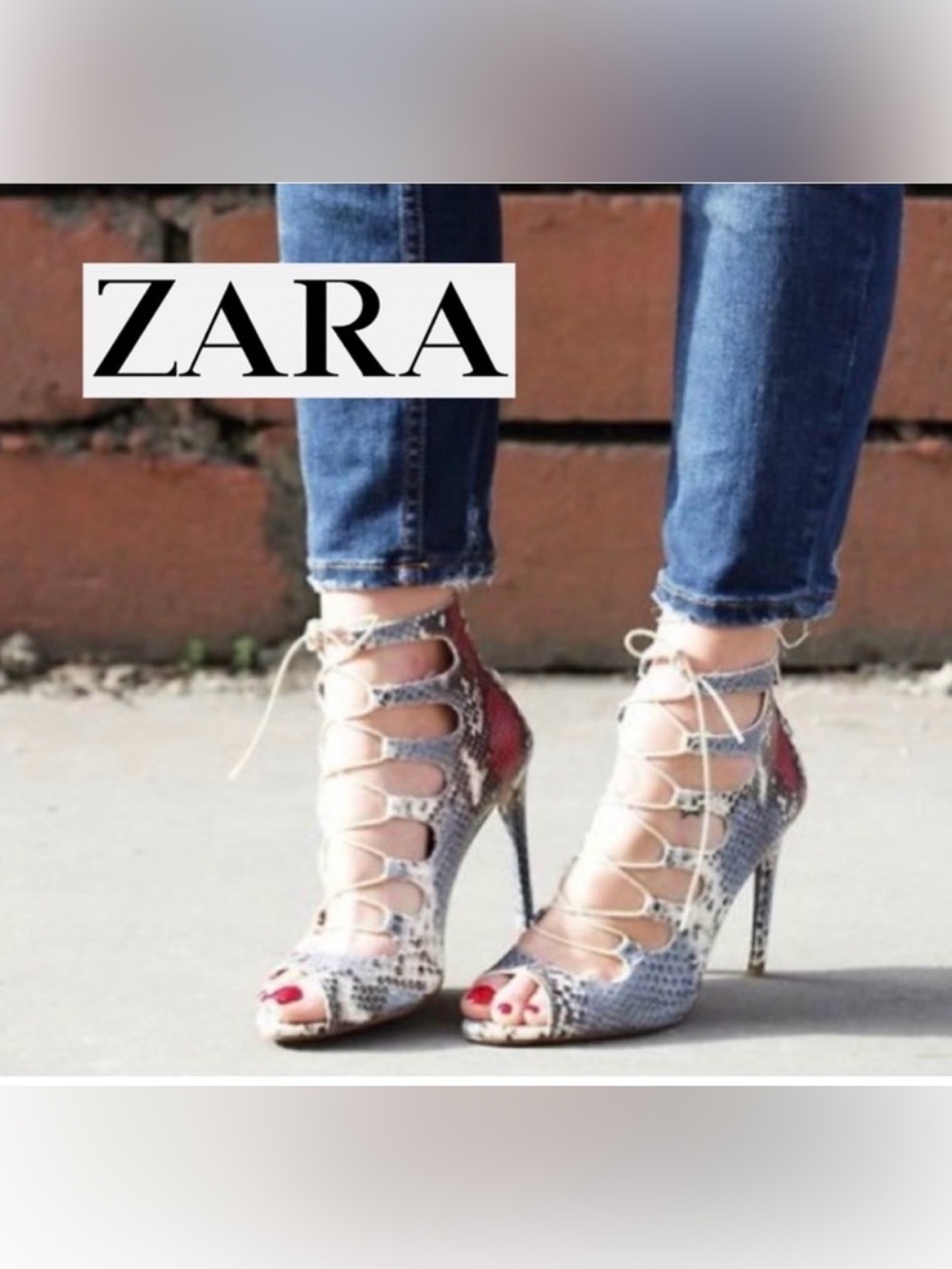 Zara Snake-Print Lace-Up leather Stiletto Heels in Pink and Neutral sz 39 (8 US)